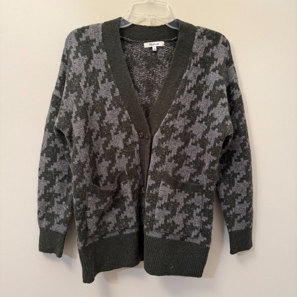 Madewell Allston Double-Button Cardigan Sweater Houndstooth Green Grey XS